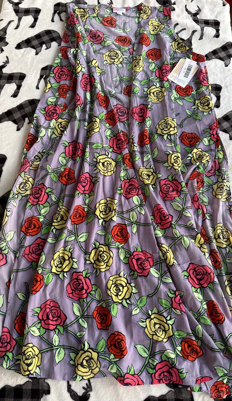 LuLaRoe Joy Long Vest Duster Purple Red Yellow Pink Roses Floral Size M NWT
